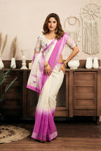 Vastranavya White Lavender Digital Printed Linen Ready To Wear Designer Saree with Unstitched Blouse - Distacart