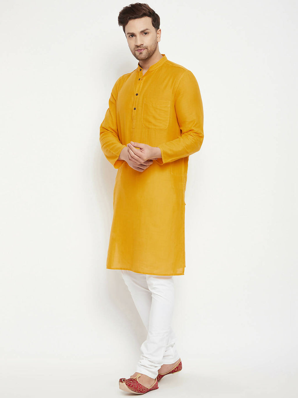 Even Apparels Yellow Pure Cotton Long Men's Kurta With Band Collar - Distacart