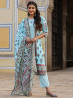 Juniper Women's Skyblue Cambric Floral Placement Printed Straight Fit Kurta Sets - Distacart