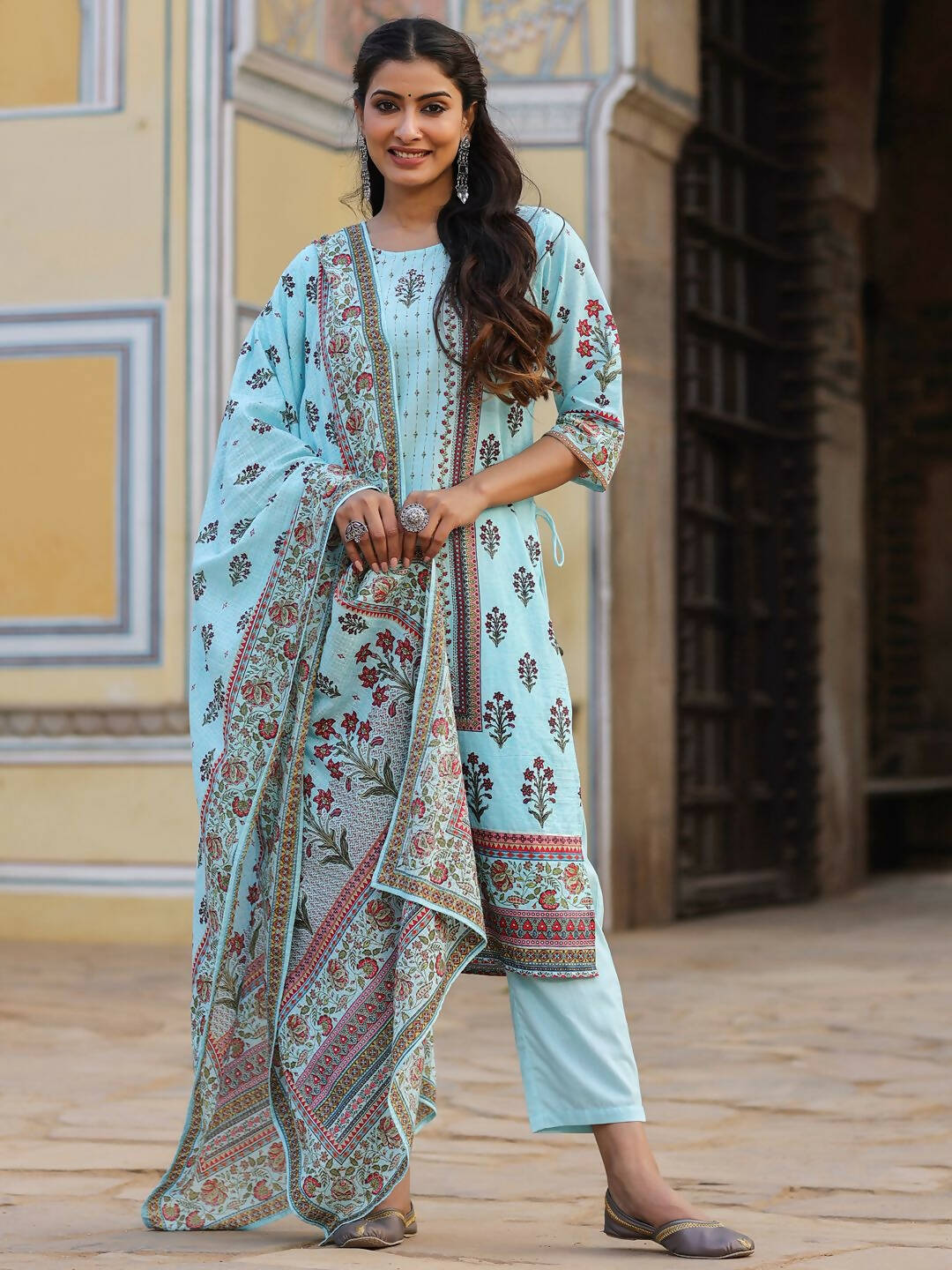 Juniper Women's Skyblue Cambric Floral Placement Printed Straight Fit Kurta Sets - Distacart
