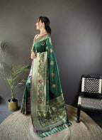 Joban Fashion Green Elephant & Floral Motifs Soft Lichi Silk Banarasi Saree - Distacart