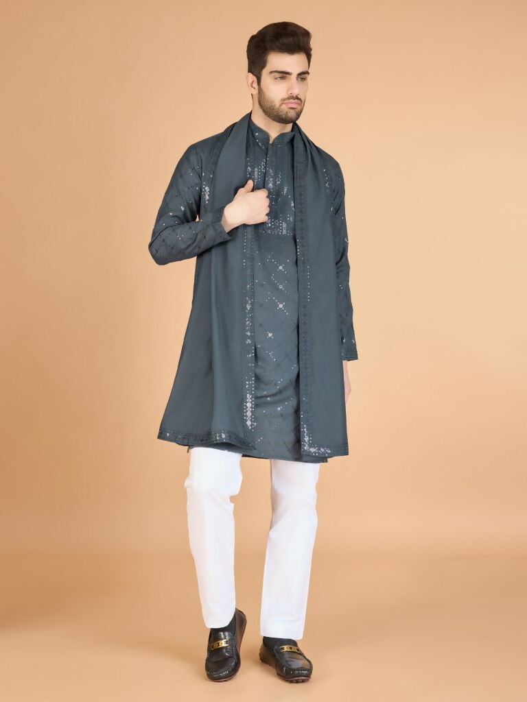 Vastranavya Grey Exclusive Festival Wear Viscose Silk Thread & Sequence Embroidered Work Kurta with Dupatta