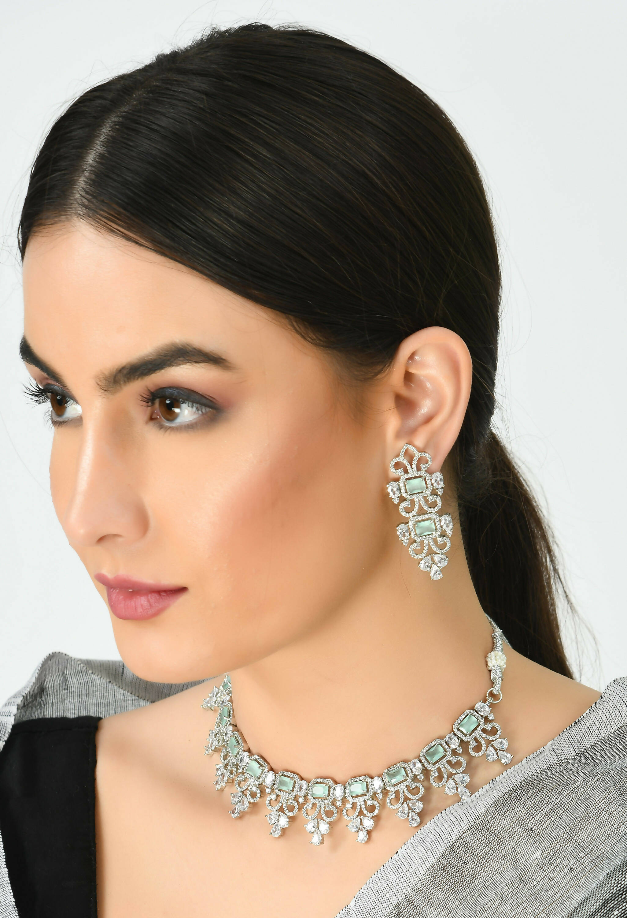 Mominos Fashion Johar Kamal Silver-Plated American Diamond Pista Green Choker Set - Distacart