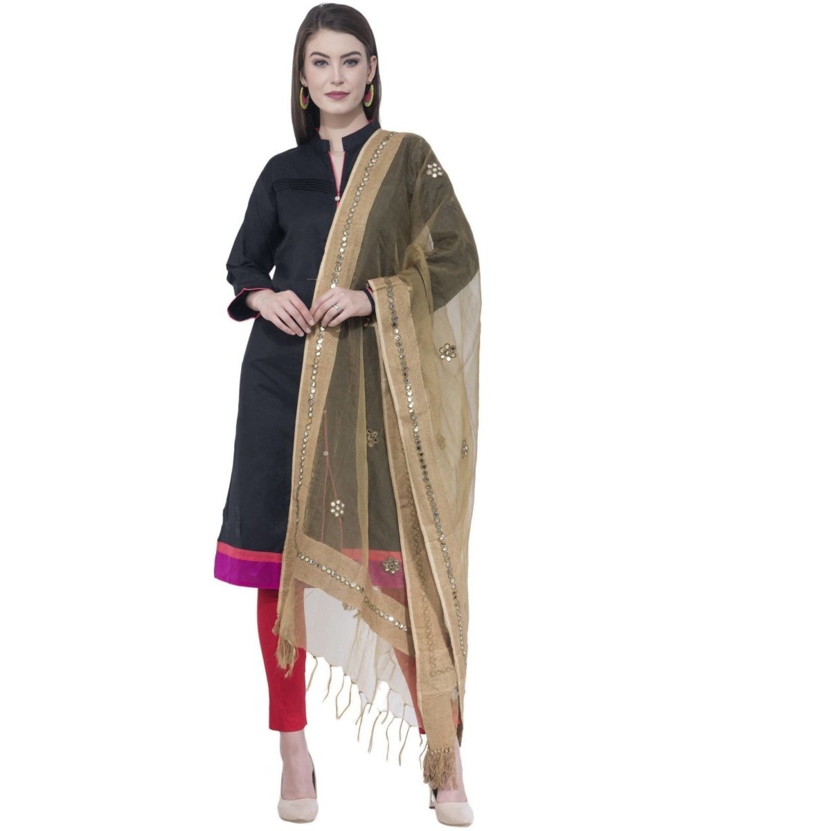 A R SILK Dark Golden Color Orgenza Flower Mirror Dupattas and Chunnis