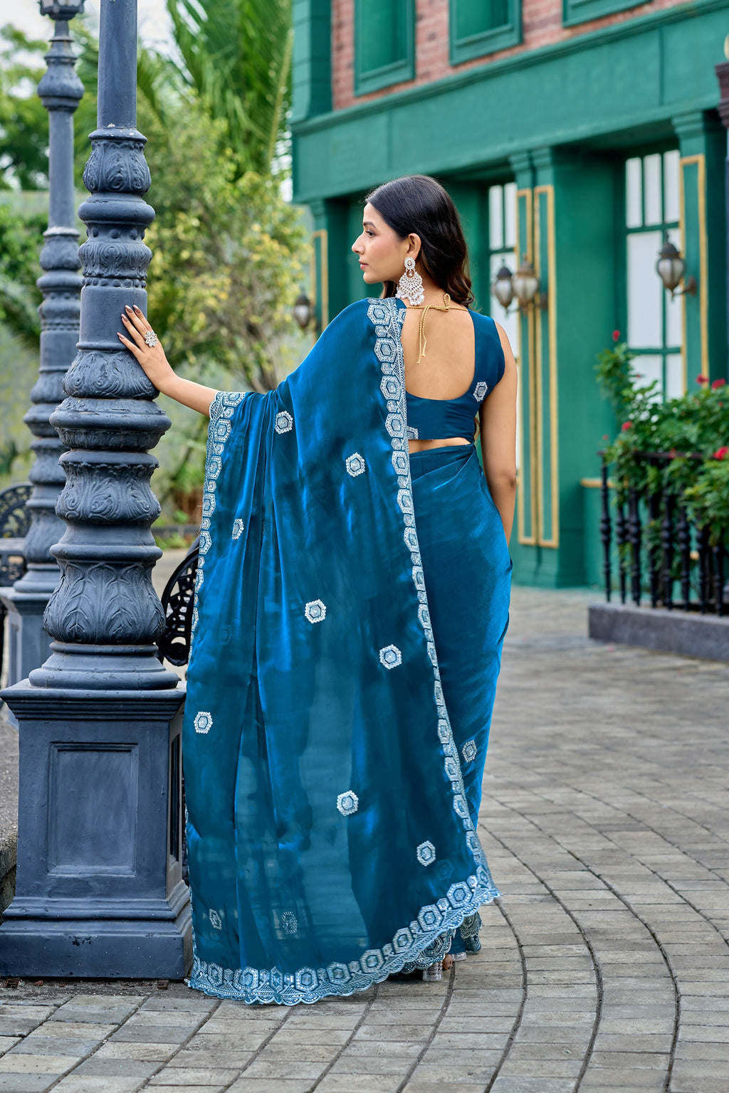 Vastranavya Teal Embroidery Work Shimmer Chiffon Saree with Unstitched Blouse - Distacart