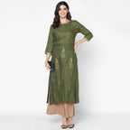 Cheera Hand Block Print Olive Green Straight Kurta (MAAI-057K)