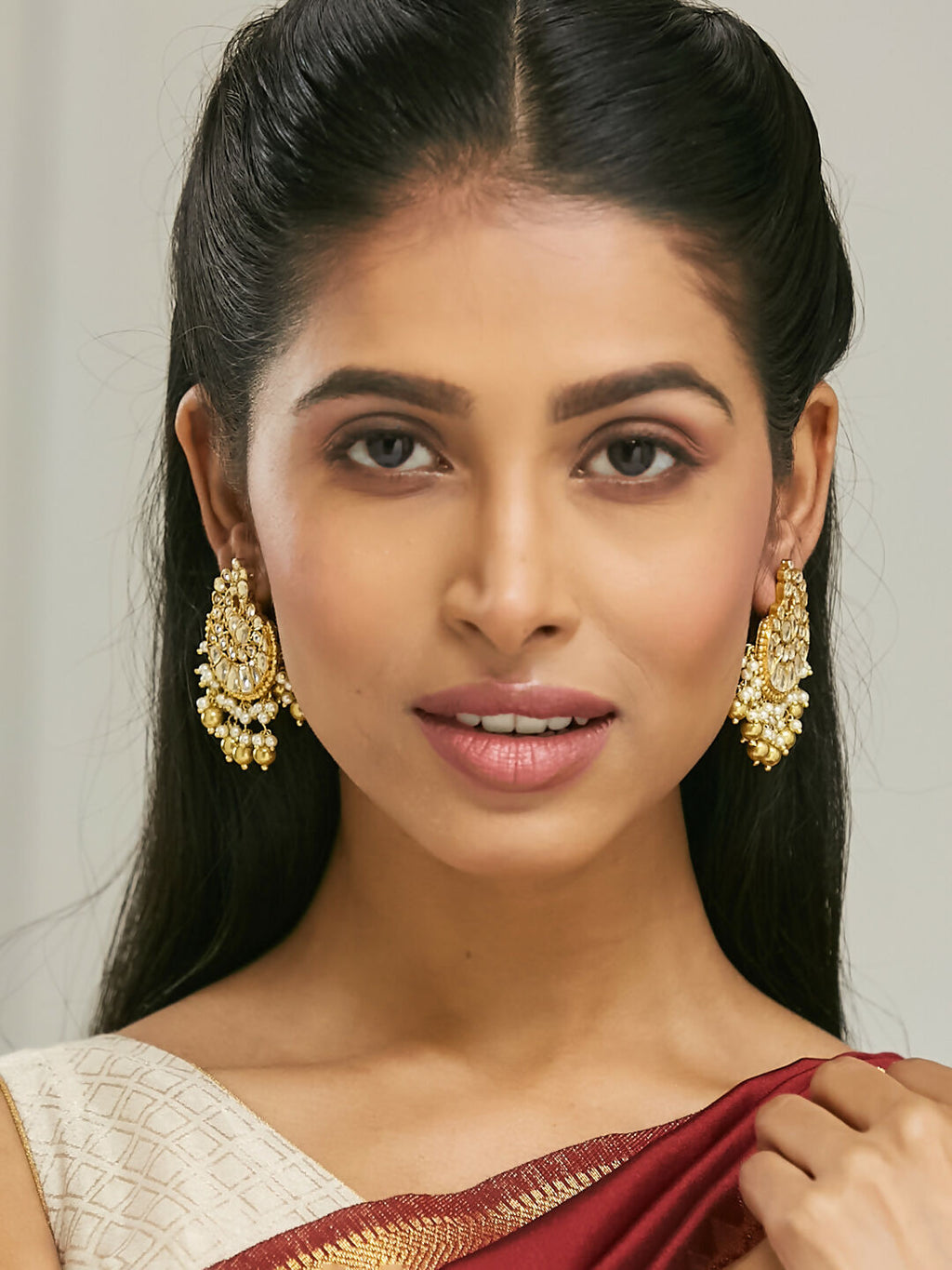 Nuyug 22K Gold-Plated Kundan Stone Studded & Pearl Drop Beaded Crescent Shaped Chandbalis - Distacart