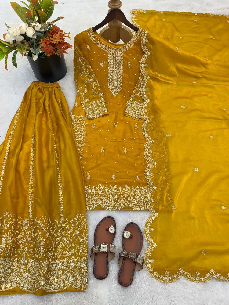 Teeya Creation Yellow Color Fendy Silk Embroidery Work Wedding Wear Salwar Suit - Distacart