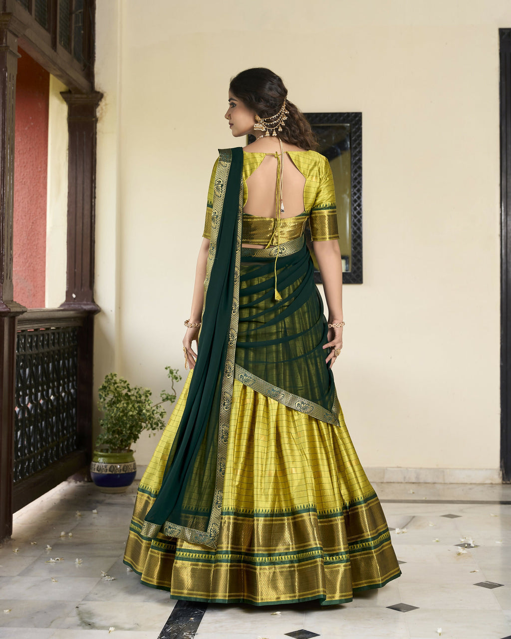 Lorenvalley Parrotgreen Cotton Silk Weaving Work With Paithani Concept Lehenga Choli
