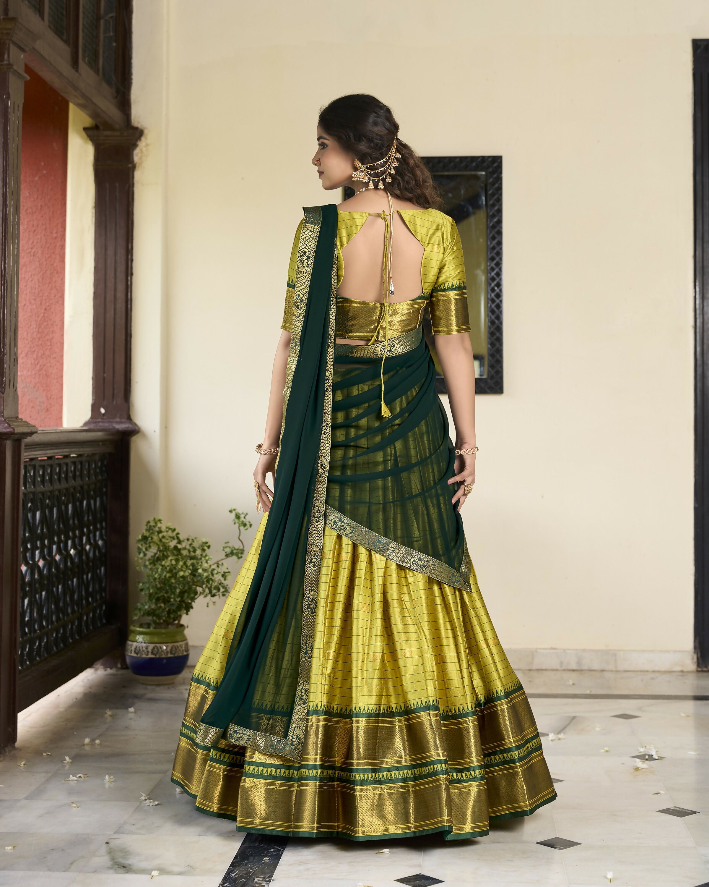 Lorenvalley Parrotgreen Cotton Silk Weaving Work With Paithani Concept Lehenga Choli