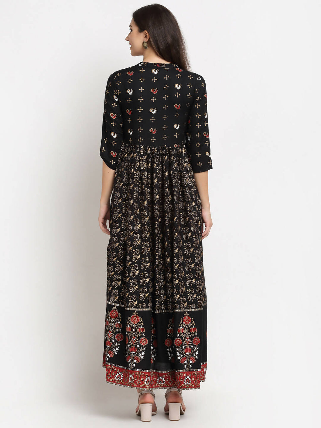Rudra Bazaar Floral Printed A-Line Flared Black Kurti - Distacart
