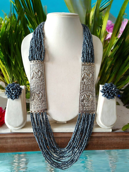 Inhanns Saree Shobha Statement Necklace & Earring Set - Navy Blue