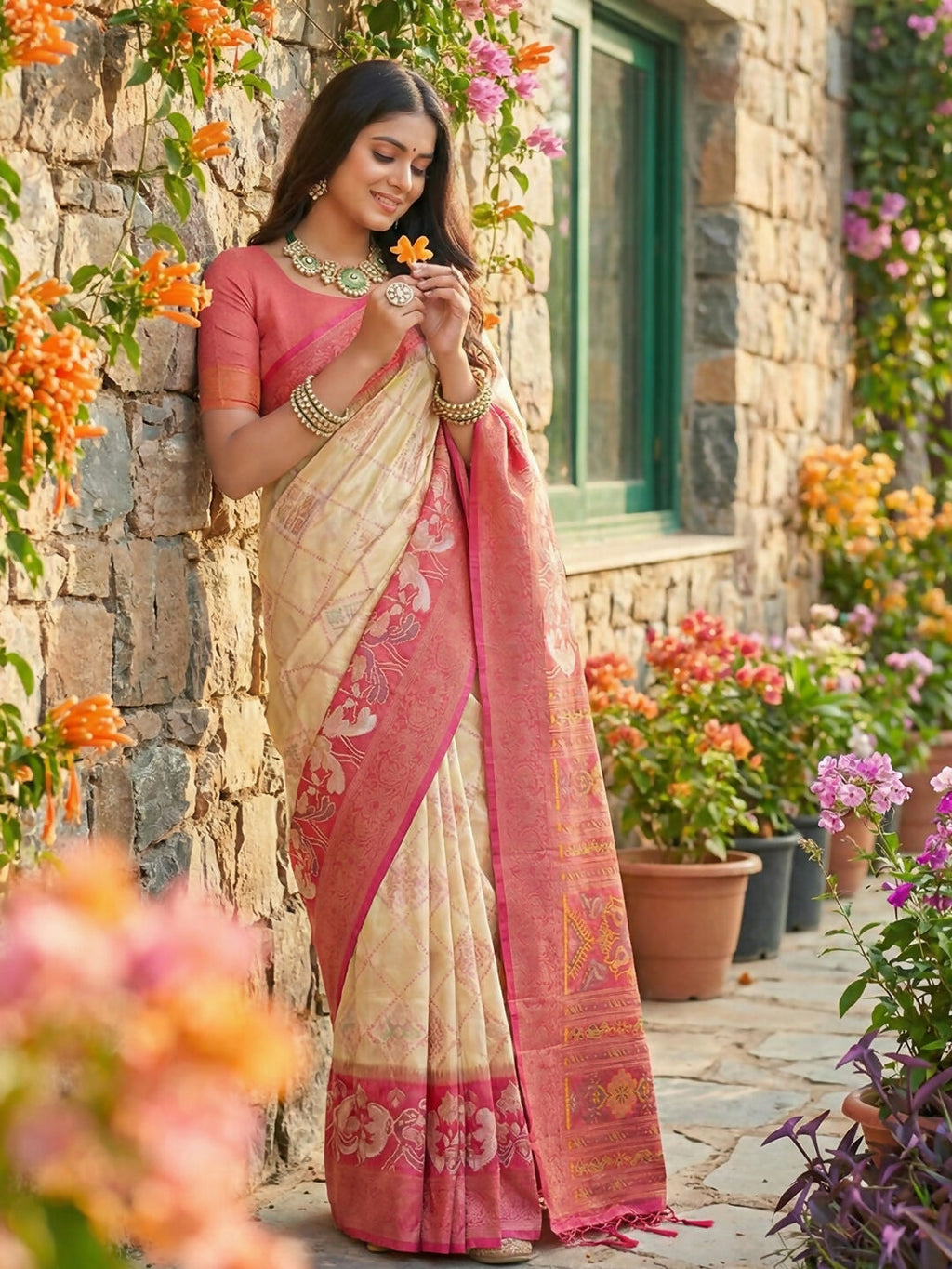 Shree Shyam Fashion Cream Pochampally Silk Saree - Distacart