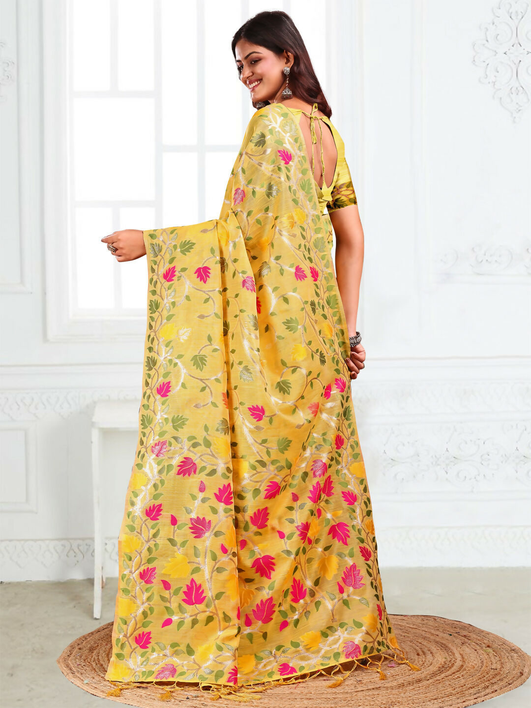 Shree Shyam Fashion Linen Cotton Yellow Saree - Distacart
