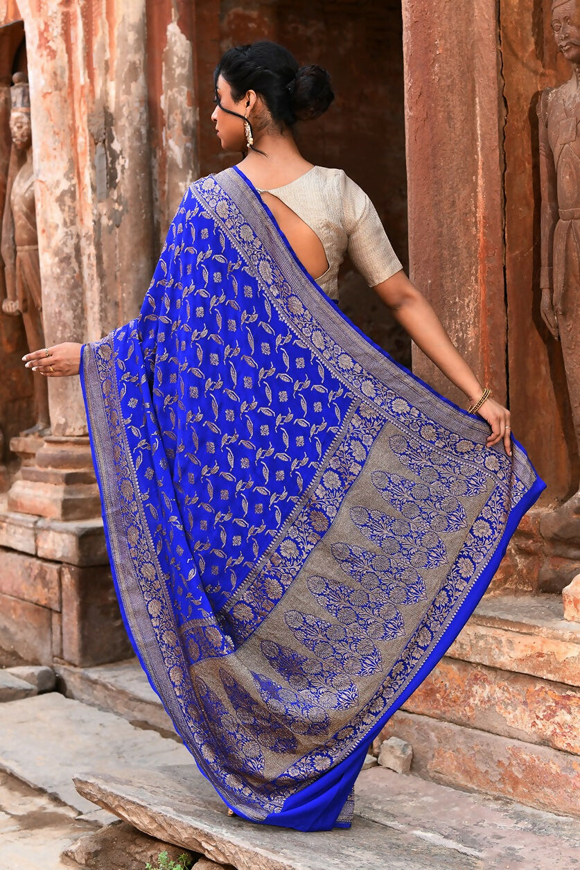 Joban Fashion Violet Crepe Chiffon Pure Handloom Banarasi Silk Saree