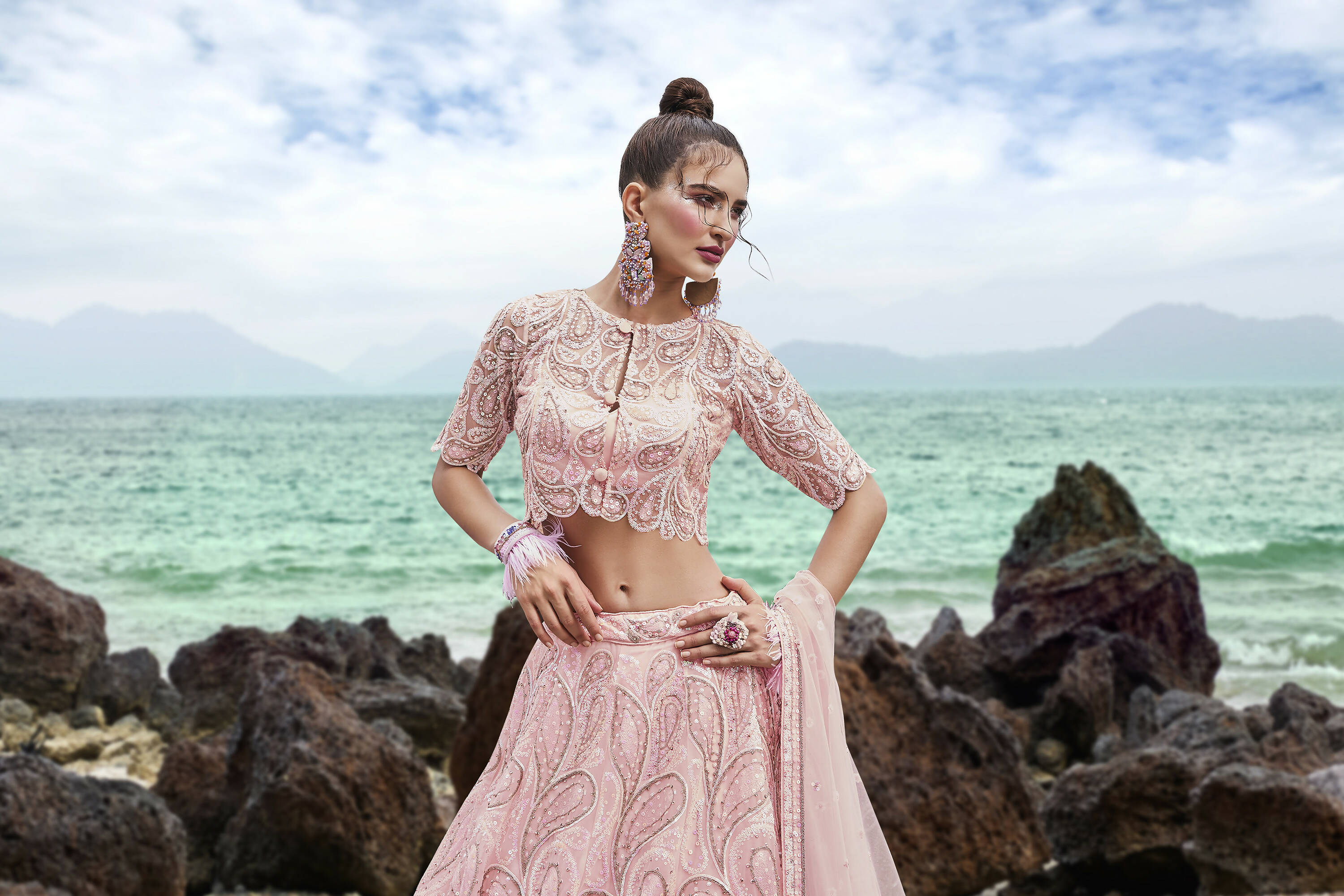 House of Panchhi Coral Net Multi Sequins with heavy Zarkan embroidery Lehenga choli & Dupatta