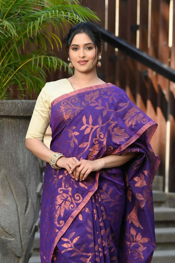 Beatitude Purple Cotton Floral Jamdani Saree
