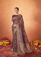 Maroon Organza Silk Woven Design Saree With Unstitched Blouse Piece - Norita Royal Pradha