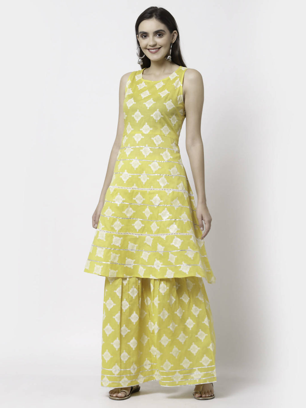 Myshka Yellow Pure Cotton Printed Sleeveless Round Neck Kurta Palazzo Dupatta Set