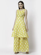 Myshka Yellow Pure Cotton Printed Sleeveless Round Neck Kurta Palazzo Dupatta Set