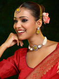Ruby Raang 22k Gold Polished Green Stone And Moissanite Necklace With Matching Earrings And Maang Tikka