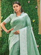 Shree Shyam Fashion Rama Green Linen Saree - Distacart