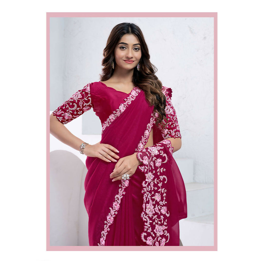 Pink Crepe Shimmer Silk Dual Sequence With Hand Work Saree With Unstitched Blouse - Norita Swaraa
