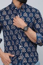 Miravan Men's Blue Floral Print Full Sleeve Casual Shirt