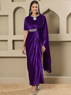 Joban Fashion Women Purple Velvet Hand Embellishment Stitched Dress - Distacart