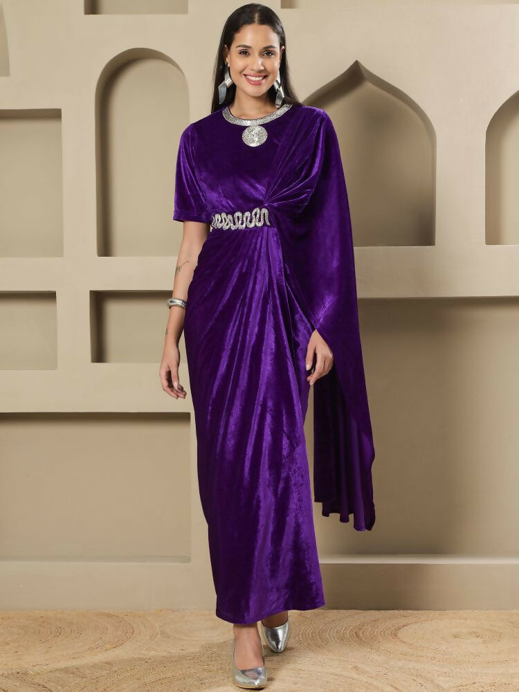 Joban Fashion Women Purple Velvet Hand Embellishment Stitched Dress - Distacart