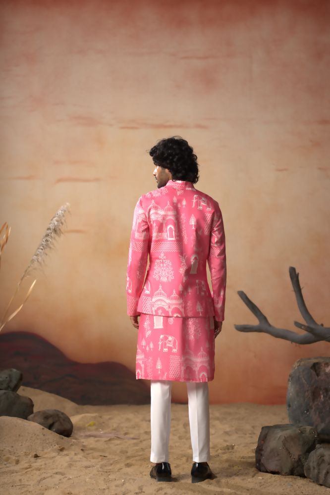 Botanical Architecture Traditional Printed Silk Nehru Jacket Set by Hilo Design