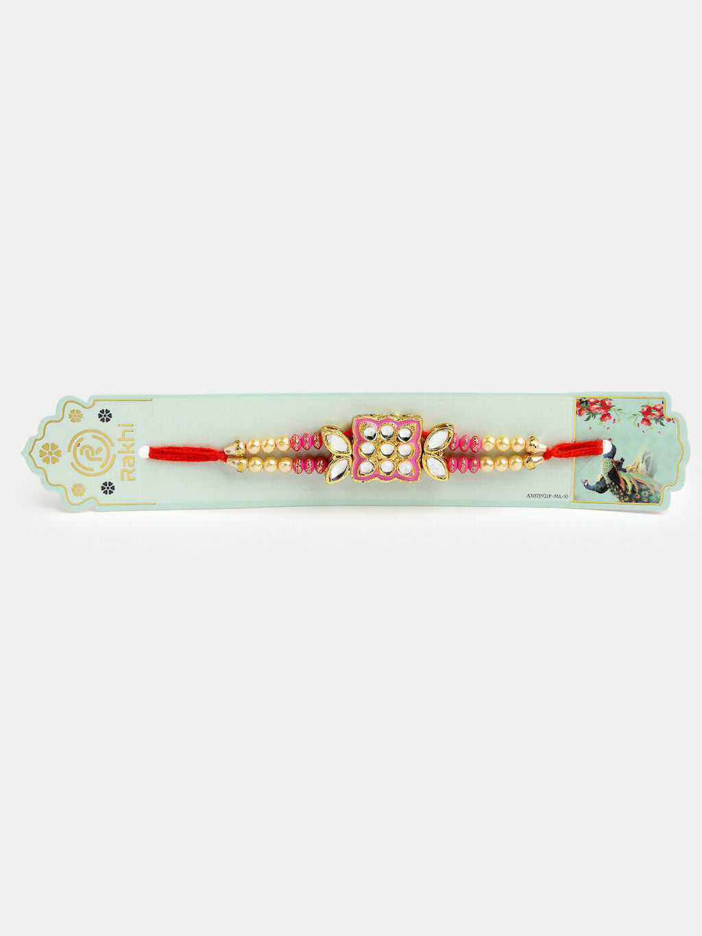 NVR Men Pink & Gold-Toned Kundan-Studded Rakhi With Roli Chawal - Distacart