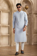 Raivat Ethnic Banarasi Art Silk Mirror Work Kurta Pajama In Sky Blue Colour