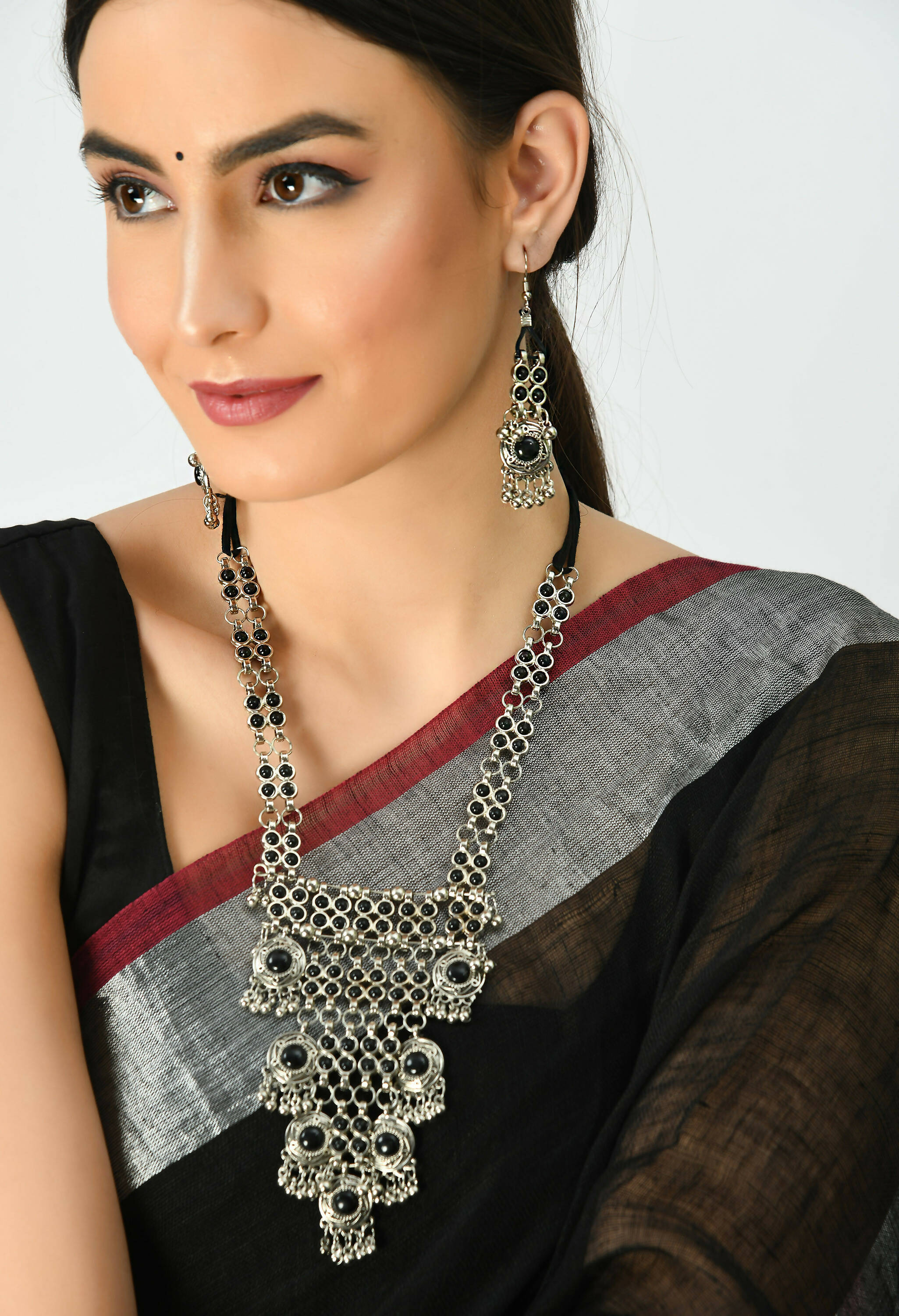 Mominos Fashion Johar Kamal Oxidised Silver-Plated Brass Finish Black Kundan Afghani Long Necklace For Women - Distacart