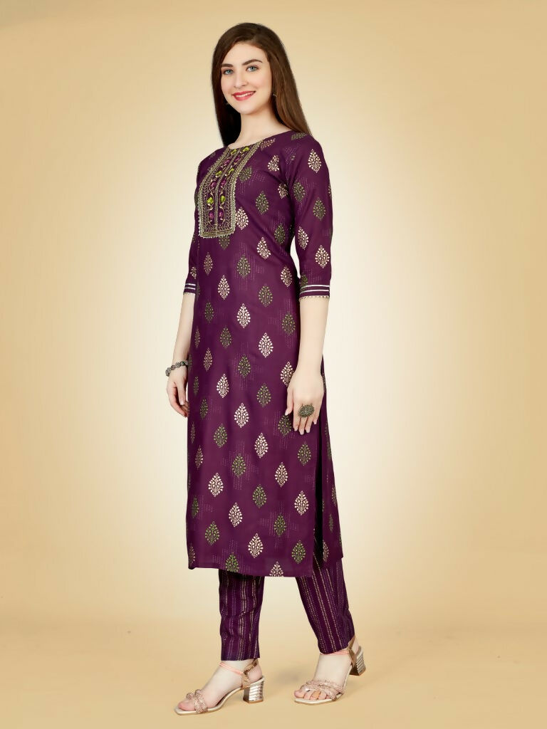 Jyoti Fashion Women's Wine Viscose Rayon Embroidered Kurta Pant Set