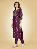 Jyoti Fashion Women's Wine Viscose Rayon Embroidered Kurta Pant Set