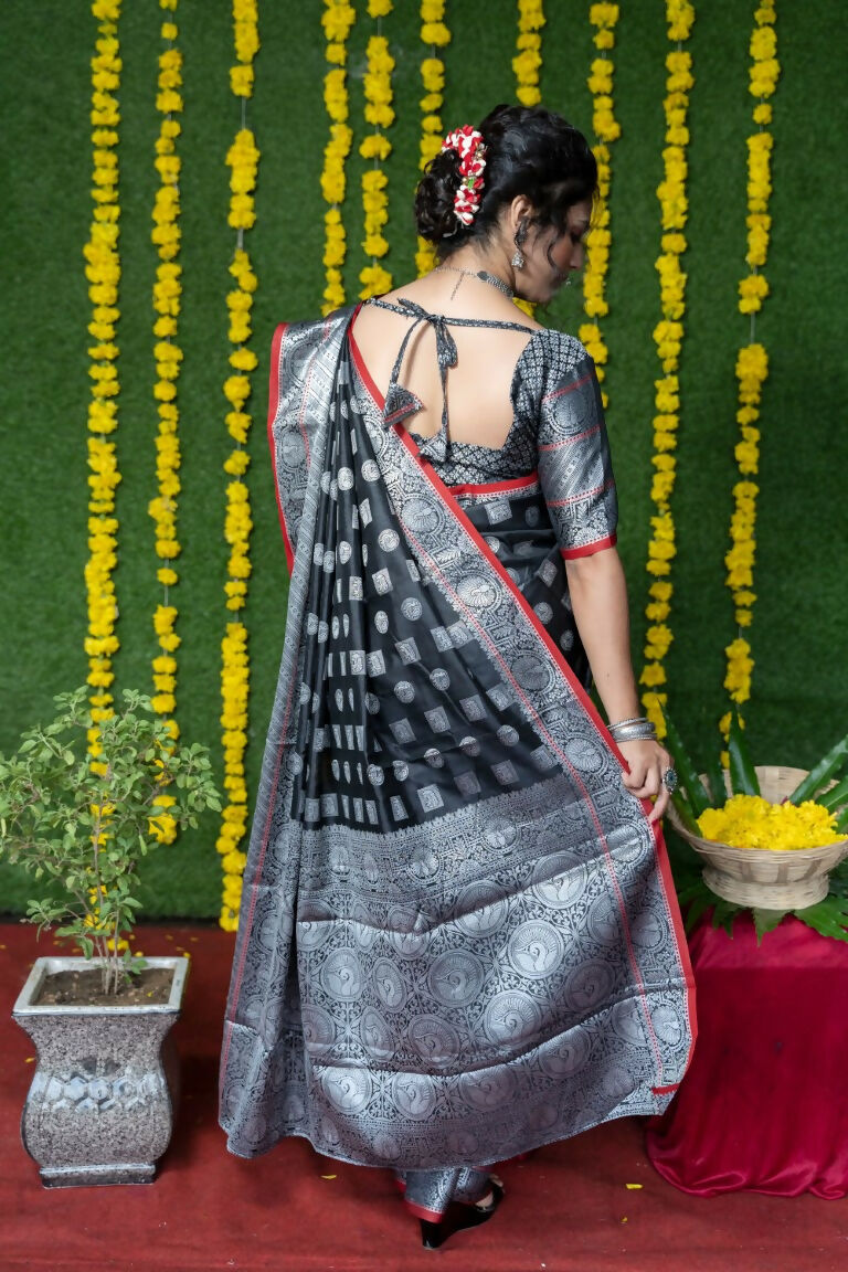 Jyoti Fashion Women's Black Soft Handloom Silk Zari Woven Saree with Blouse