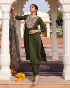 Jyoti Fashion Women's Mehendi Cotton Silk Hand Work with Floral Printed Kurta Set
