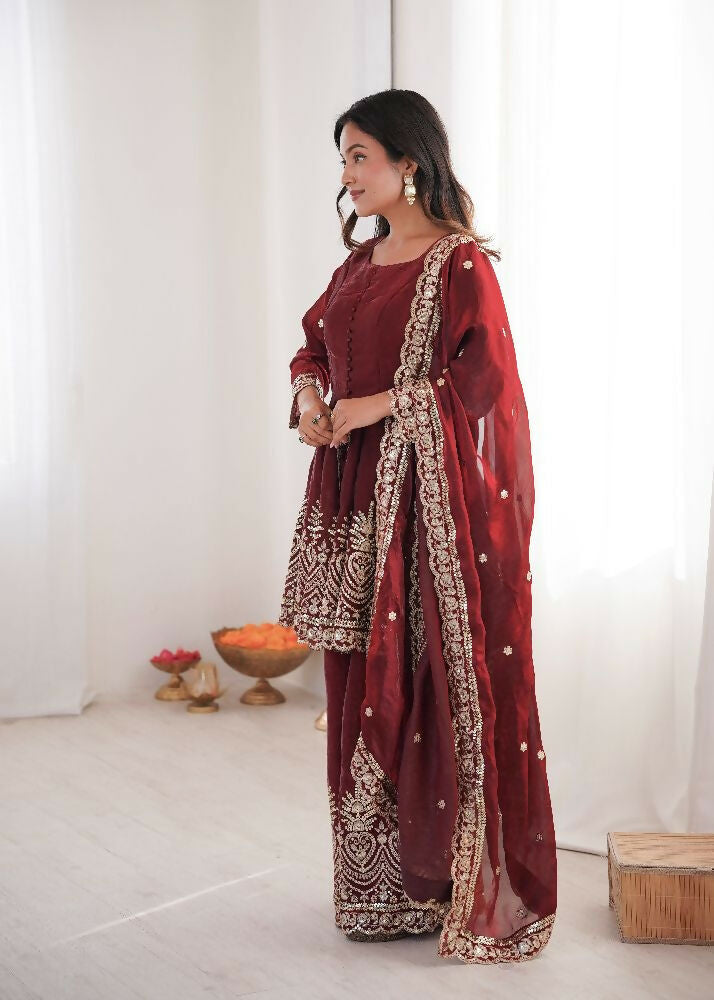 Teeya Creation Maroon Color Fendy Satin Silk Embroidery Work Party Wear Salwar Suit - Distacart