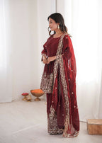 Teeya Creation Maroon Color Fendy Satin Silk Embroidery Work Party Wear Salwar Suit - Distacart