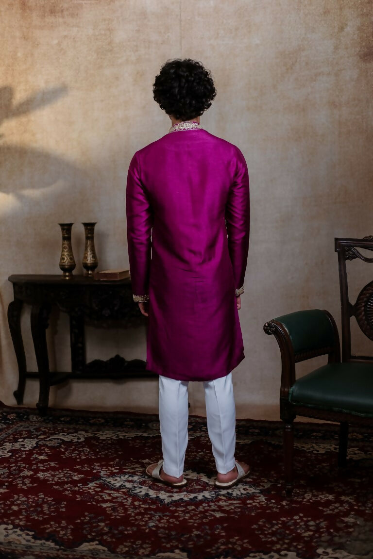 Falling Raw Silk Magenta Perple Rajyog Kurta Set By Hilo Design