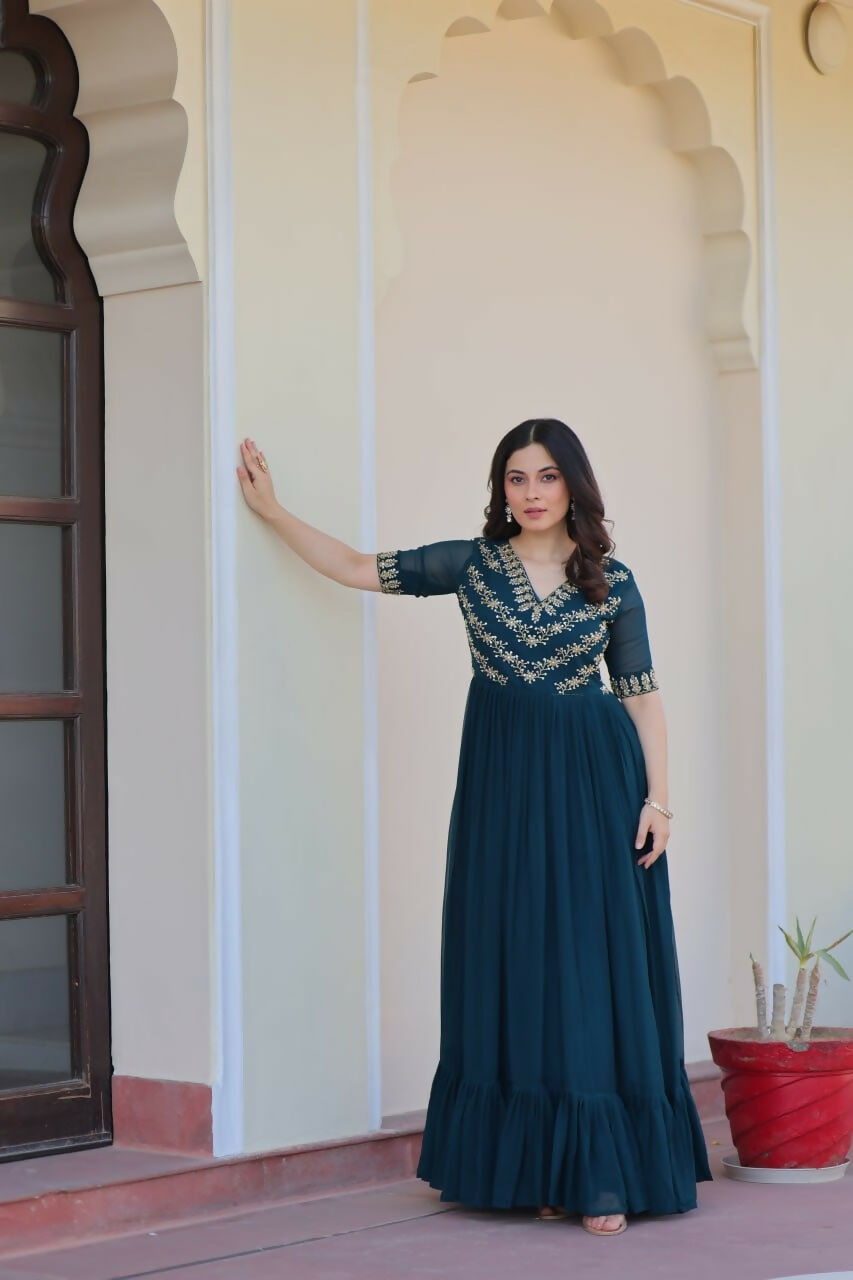 Teeya Creation Rama Color Faux Georgette Party Wear Hand Embroidery Work Long Gown - Distacart