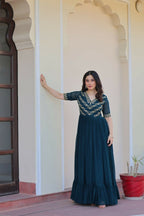 Teeya Creation Rama Color Faux Georgette Party Wear Hand Embroidery Work Long Gown - Distacart