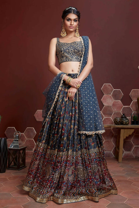 Wedding Designer Navy Blue Chinon Silk Lehenga Choli - Anbazaar