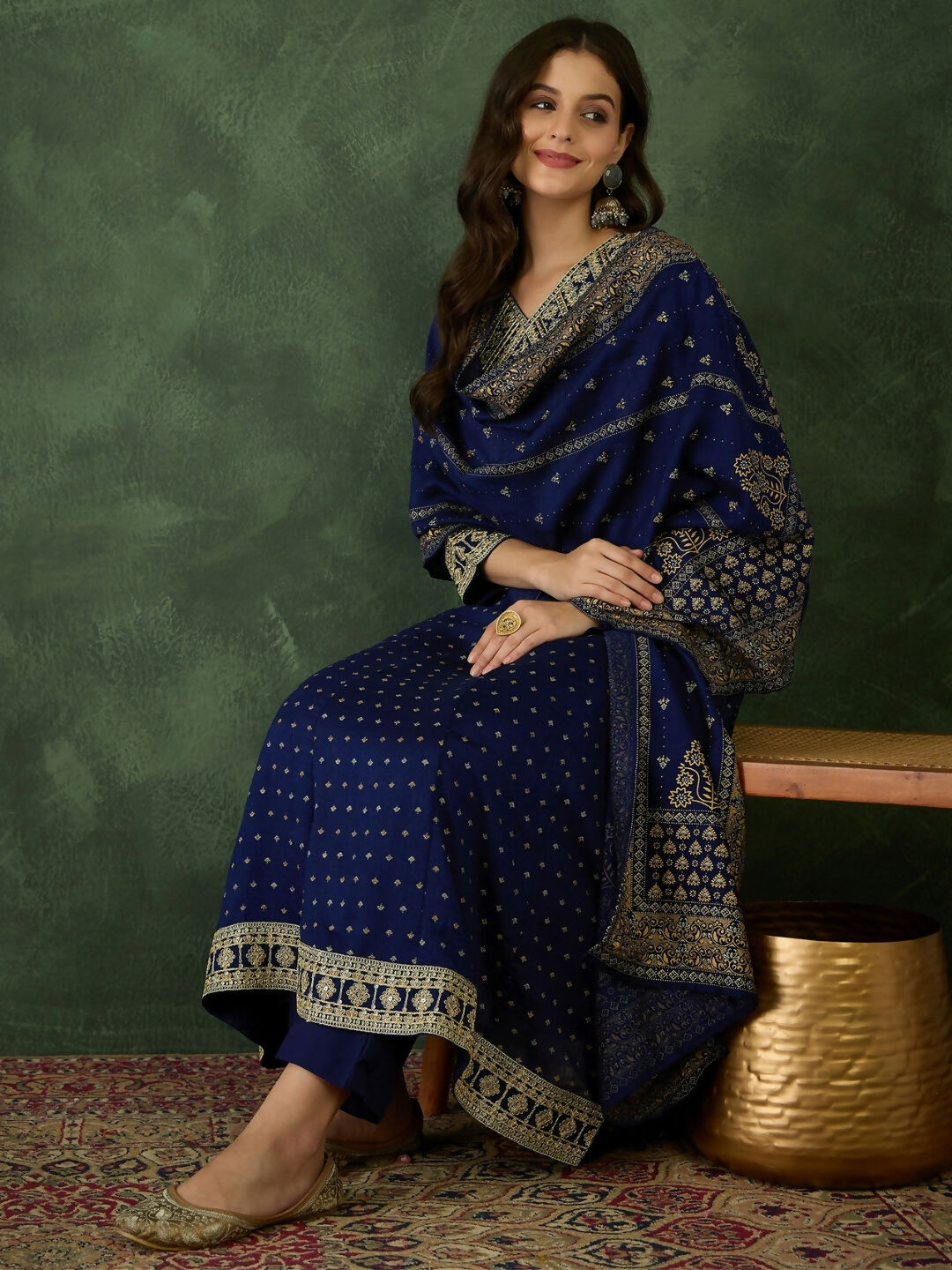 The52 Blue Women's Gorgeous Embroidered Work Vichitra Silk Fabric Flared Kurta Pant and Dupatta Set - Distacart