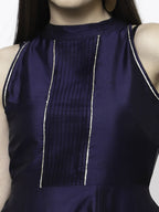 Myshka Women Blue Silk Blend Sleeveless Round Neck Gown With Dupatta