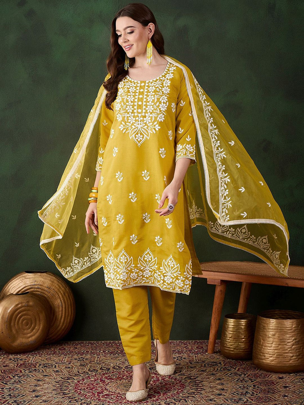 Sangria Mustard Yellow Floral Embroidered Thread Work Kurta & Trouser With Dupatta