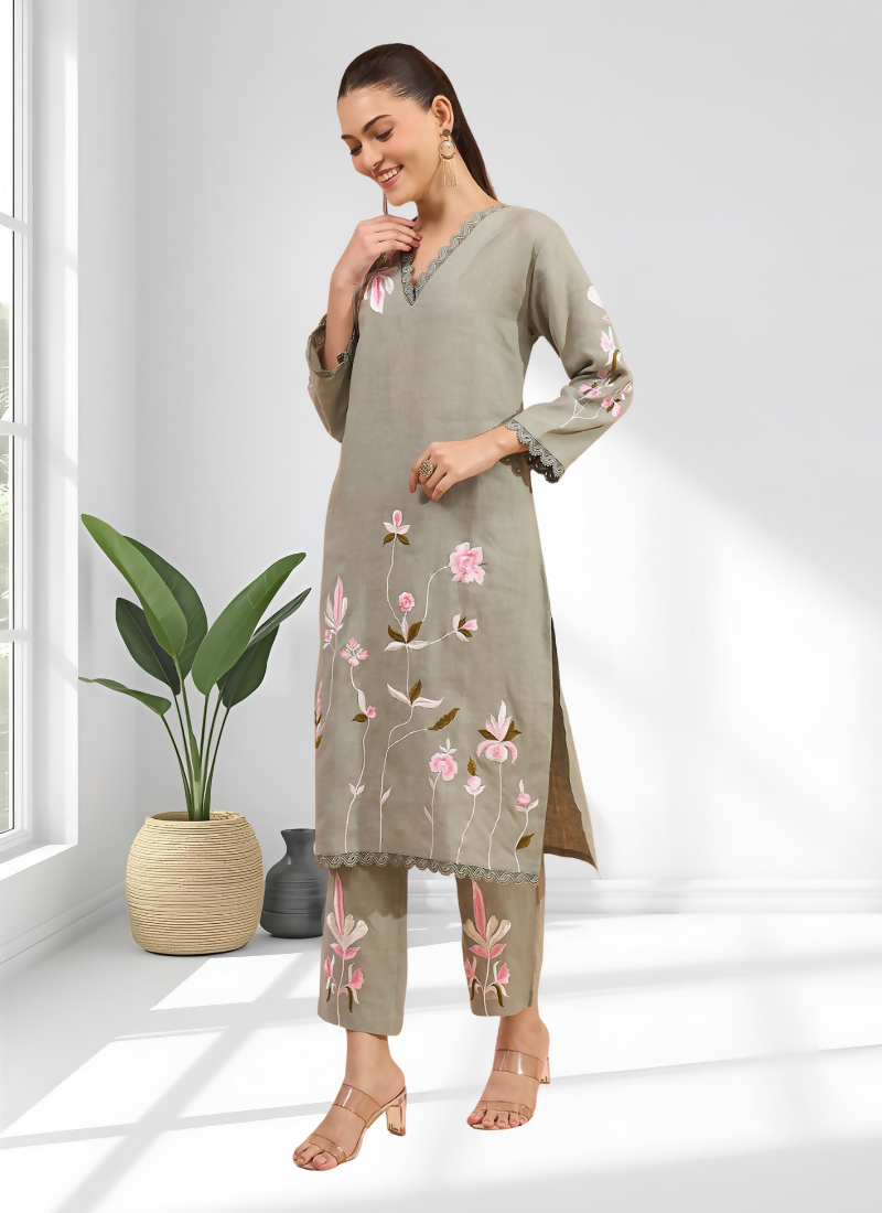 Joban Fashion Pista Green Linen Embroidered Readymade Long Kurta With Pant - Distacart