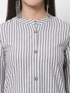 Myshka Women's Grey Cotton Stripe Pattern 3/4 Sleeve Round Neck Grey Kurti