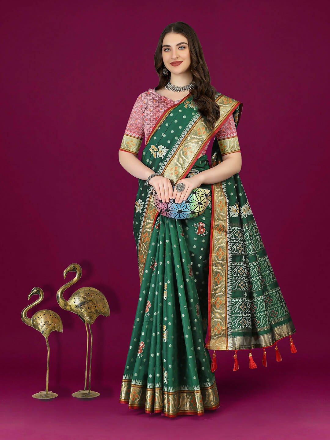 Lorenvalley Fashion Green Patola Silk Woven Design Zari Meenakari Weaving Saree
